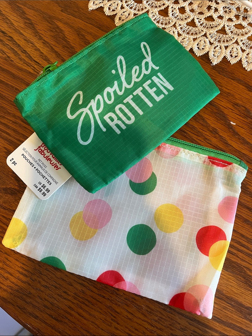 Polka Dot & 'Spoiled Rotten' Green Zip Pouches